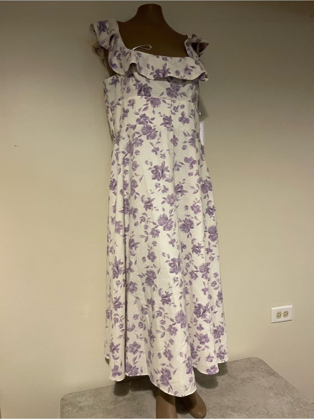 Premier White Maxi Dress with Lavender Floral Print & Ruffle Neckline